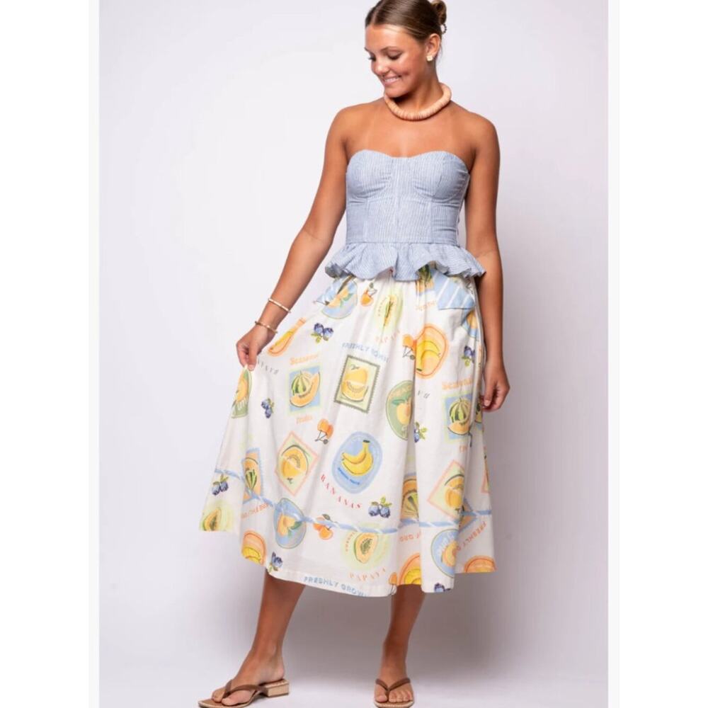 Prosperina Annie Orchard Print Apron Midi Skirt Linen Cotton Size M NWT Rare - Picture 4 of 11